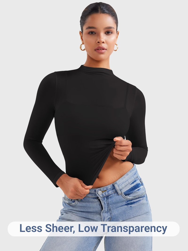 YEOREO Womens Sheer Tops Long Sleeve See Through Tops Mock Neck Slim Fit Workout Shirt Jamy Going Out Sexy Shirts Black M