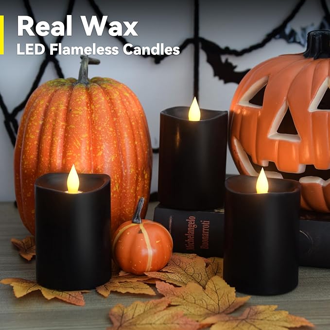 Black Pillar Flameless Candles - 3D Flickering, Remote Timer, Battery Operated, 600+ Hours, Halloween & Gothic Themed Decor (Black, 3"*4"-3pcs)