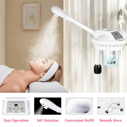 Professional Facial Steamer on Wheels, Facial Steamer for Facial Deep Cleaning, Facial Humidifier for Spa, Adjustable Height for Spa, Salon and at Home Use