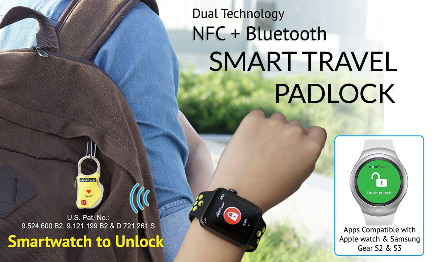 eGeeTouch Smart Travel Padlock with Patented Dual Access Technologies (NFC + BT), Vicinity Tracking, etc. (BLACK)