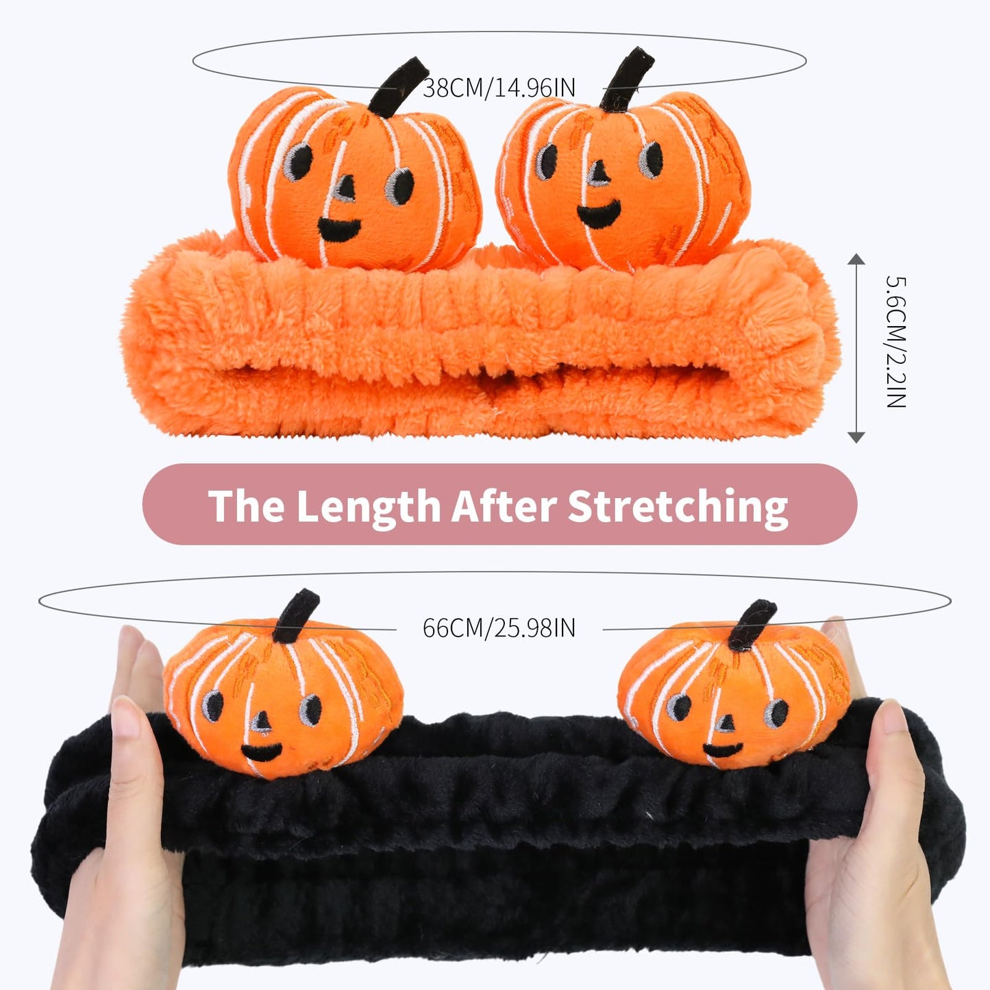 FlyingMage Spa Headband for Washing Face, 2 Pack Cute Halloween Hair Band for Shower Yoga Beauty, Fluffy Makeup Headband, Kawaii Facial Headbands for Woman Girls, Orange+Black Pumpkin