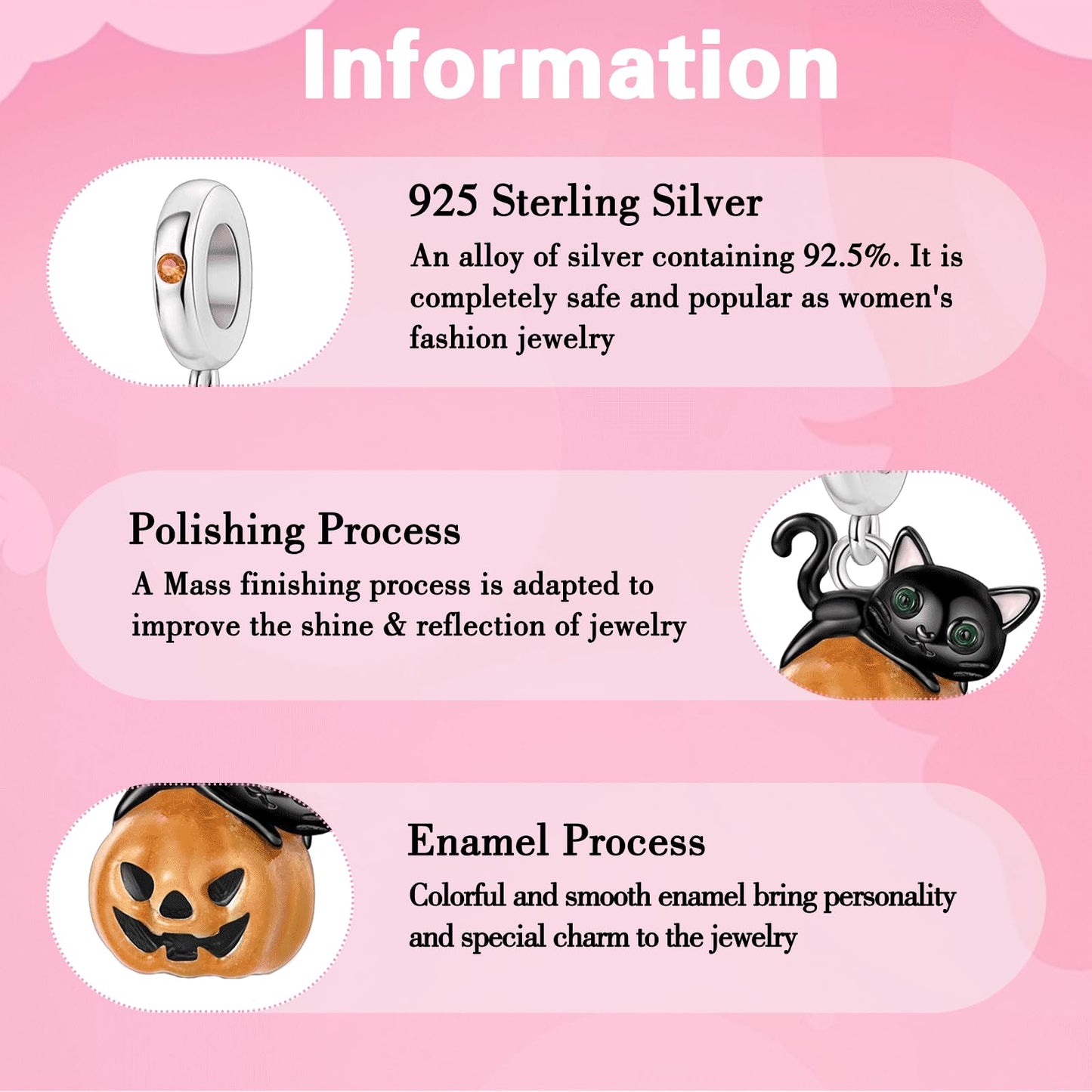 BIZK 925 Sterling Silver Charm for Bracelets and Necklaces Charms for Women Fashion Jewelry for Women Friend and Mother (Black Cat Pumpkin)