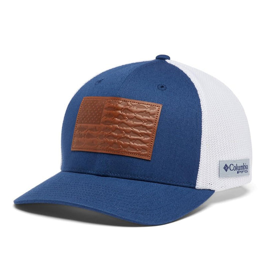 Columbia Unisex PFG Leather Fish Flag Mesh Ball Cap, Carbon/White, L/XL