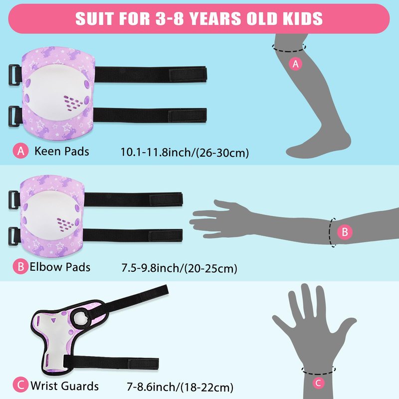AuSletie Knee Pads for Kids Girls Protective Gear Set Adjustable Knee Pads and Elbow Pads Set with Wrist Guard for Girls Kids Toddler Roller Skates Bike Cycling Skateboard Scooter (Purple Unicorn)