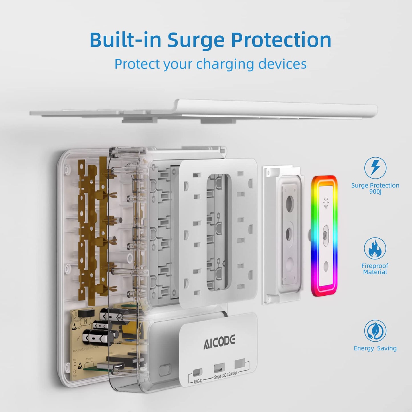Wall Outlet Extender with Shelf, USB C Outlet with Surge Protector with Nightlight,6 Outlets with 3 USB Ports(2 USB A*1 USB C) Plug Expander Charger Large Shelf with Storage for Bathroom,Kitchen,Dorm