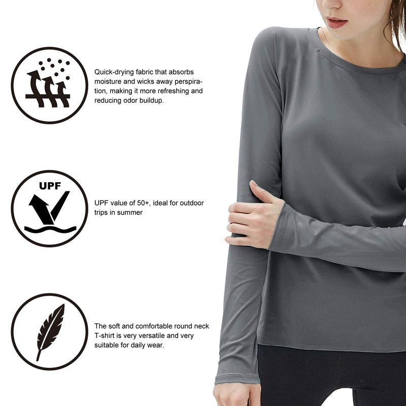 isnowood Women's Sun Protection Long Sleeve Shirts, UPF 50+ UV Rash Guard Swim Shirt, Workout Hiking Running Athletic Tops Gray