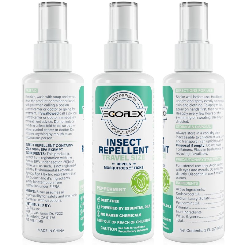 3-Pack Mosquito Repellent Spray - DEET-Free Bug Spray Travel Size TSA Approved - Mosquito, Tick & Insect Killer Deterrent with Natural Essential Oils - Peppermint Scent - Safe for Family - 3 Fl Oz