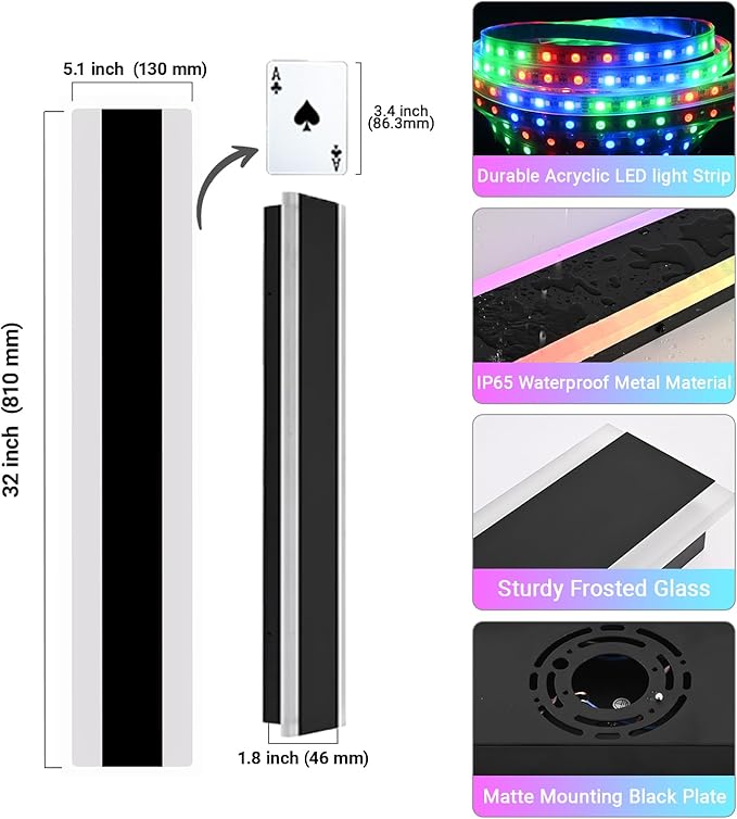 2 Pack RGB Outdoor Long Wall Lights Fixture, 32 inch Exterior Long Linear Lighting, Dimmable Outside Wall Sconce Linear Lights, Outside LED Long Lights for Patio, Porch, Garage, Front Door