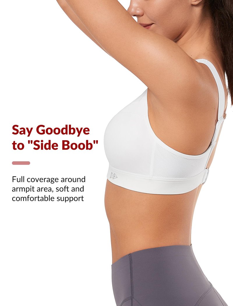Yvette Supportive Adjustable Sports Bras for Women High Impact Support, Sewn-in Molded Cup Running Bra Large Bust No Bounce, Wireless Comfortable Workout HIIT with Hook & Eye Closure,White, M+