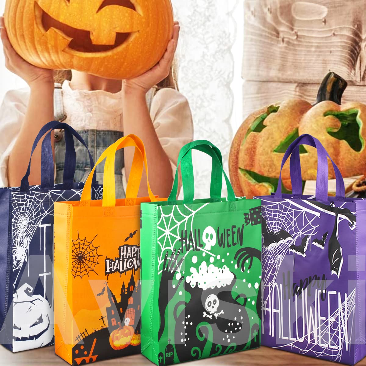 Aviski 6PCS Halloween Trick or Treat Bags, Non-Woven Large Gift Tote Bags with Handles for Gifts Wrapping, Party Supplies, 15 * 11.8 * 3.9inch