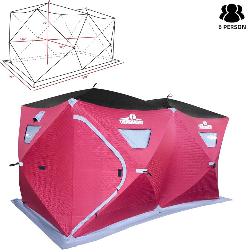 THUNDERBAY 6 Person Insulated Ice Fishing Tent & Ice Auger Combo, 300D Oxford Fabric, 68 Square Feet of Fishable Area, Portable 6 Person Insulated Ice Shelter with 8 Inch Nylon Ice Auger