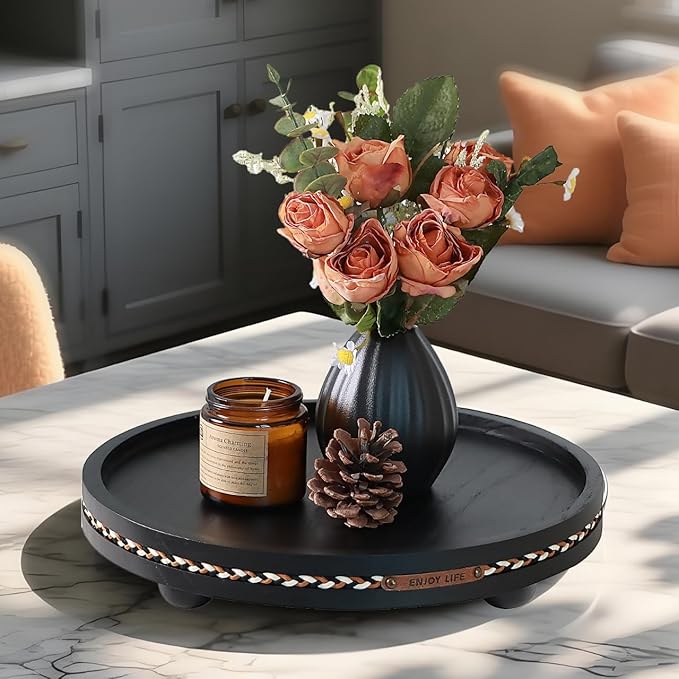 Decor Decorative Round Tray 11.81in for Home Decor for Coffee Table Farmhouse Kitchen Table Living Room Bathroom Centerpiece Tray Decor Black with Stripes