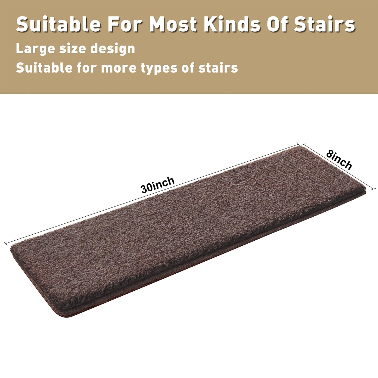 PURE ERA Carpet Stair Treads Ultra Plush 8" X 30" Soft Indoor Stair Protectors Pet-Friendly Non-Slip Skid Resistant Tape Free Washable Reusable(14 Pieces, Dark Brown)