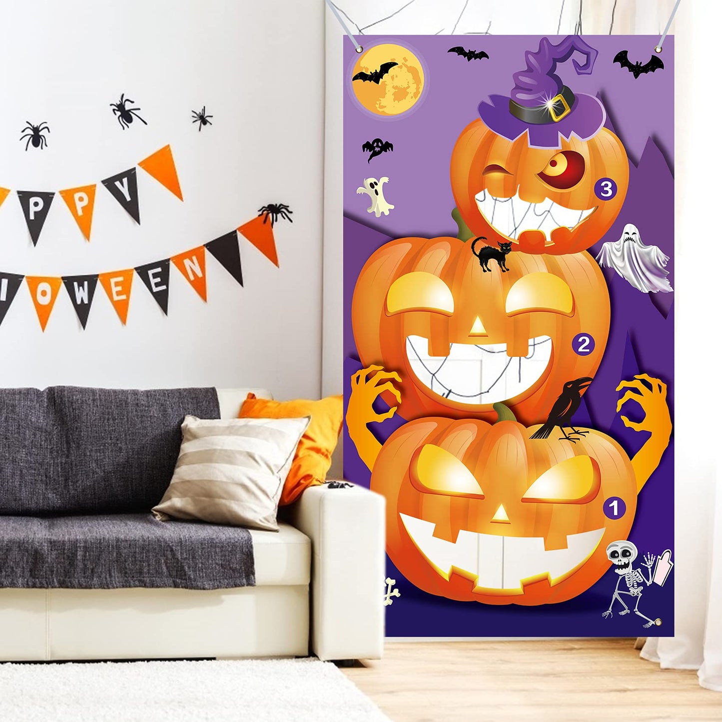 Eunvabir Halloween Party Games for Kids 30'' X 55'', Bean Bag Toss with 3 Bean Bags and Pumpkin Banner, Halloween Carnival Games Teen Adults Indoor Outdoor Fall Festival Carnival Party Decorations