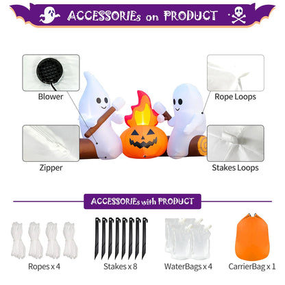 DomKom 6FT Halloween Inflatable Blow Up Decorations, Cute Ghosts Roasting Marshmallows Over Campfire, Built-in LEDs for Holiday Party, Garden, Lawn, Yard, Patio Décor