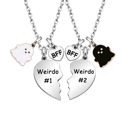 Halloween Friendship Gifts, Weirdo 1 Weirdo 2 "I hope we're BFF until we die. Then we stay ghost besties" 2psc Set Split Heart Pendant Necklaces Halloween BFF Gift for Best Friend (Ghost Friend)