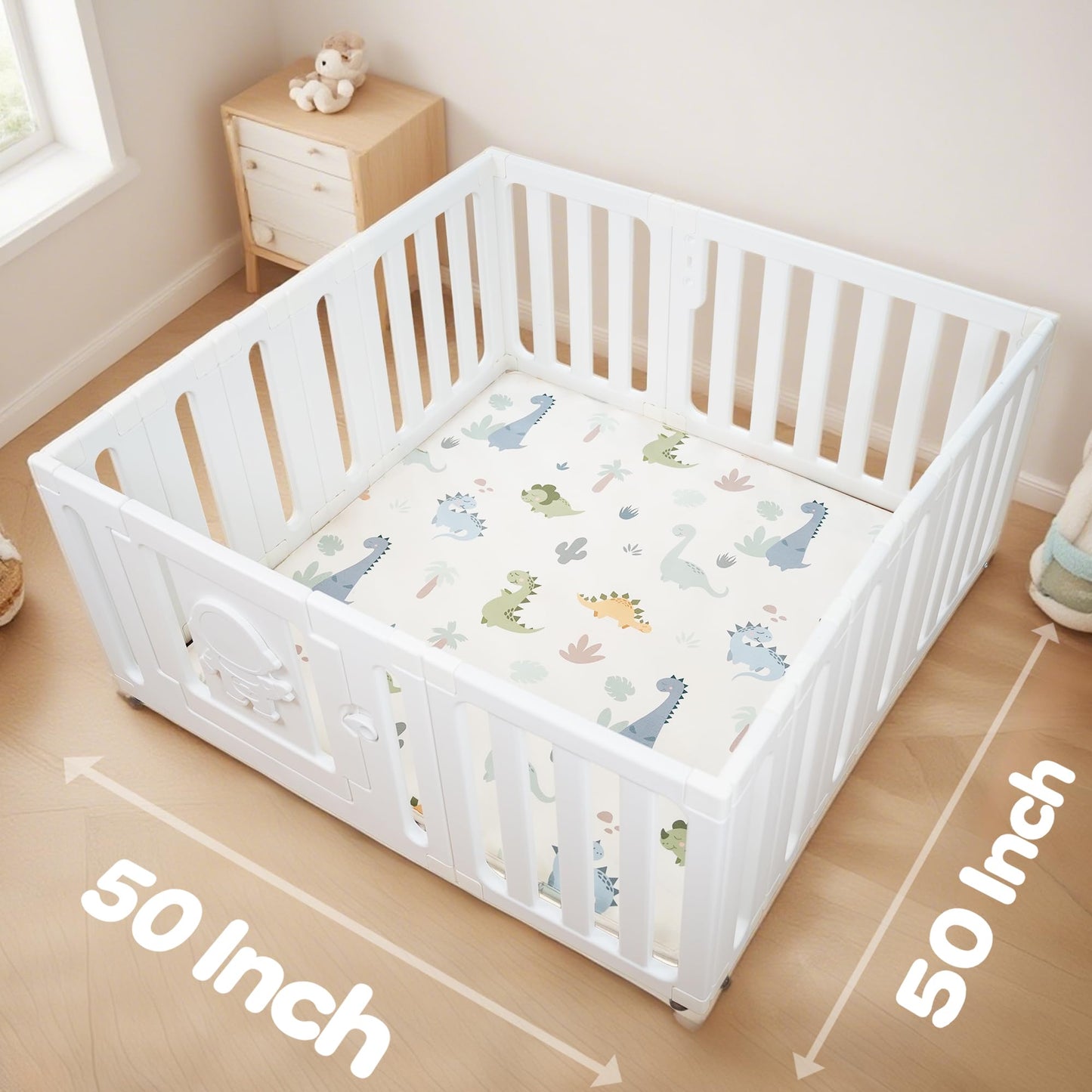 PaPaMat 1.5" Thick Baby Play Mat 50x50 Memory Foam Crawling Mat for Floor, Non-Slip Tummy Time Playmat for Toddlers Infant, Nursery, Dinosaurs