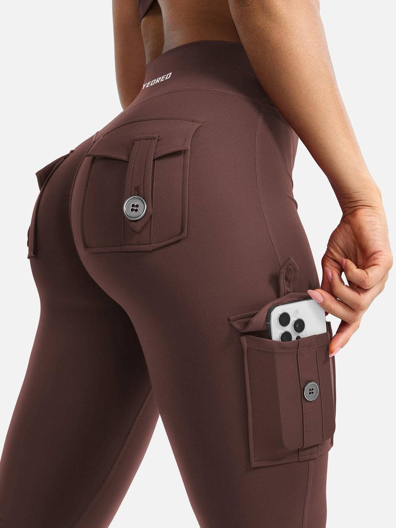 YEOREO CoreFlex Women Workout Flare Leggings with Pockets Hidden Scrunch Cargo Gym Yoga No Front Seam Leggings Chocolate L