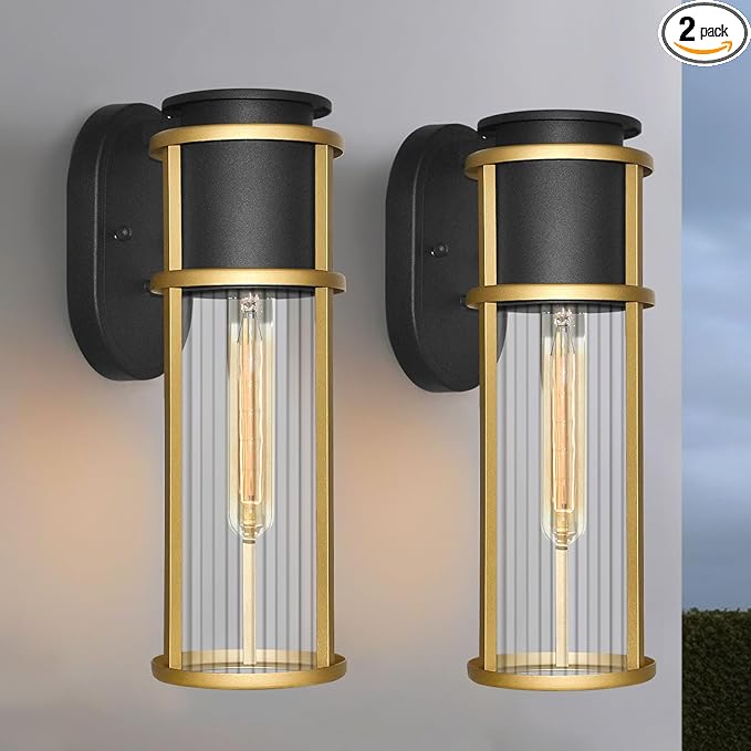 ALVIME 2 Pack Outdoor Wall Lights, Waterproof Exterior Lighting Fixtures, Sand Gold Anti-Rust Exterior Sconce Light for Front Door, Porch, Patio, Garage, Indoor, Bed Room, Clear Ribbed Glass, E26 Base