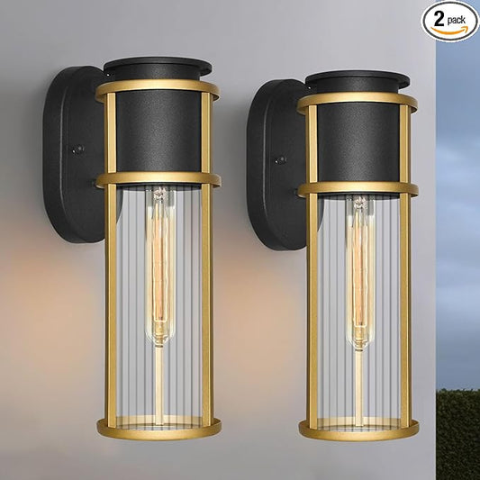 ALVIME 2 Pack Outdoor Wall Lights, Waterproof Exterior Lighting Fixtures, Sand Gold Anti-Rust Exterior Sconce Light for Front Door, Porch, Patio, Garage, Indoor, Bed Room, Clear Ribbed Glass, E26 Base