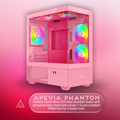 Apevia Phantom-PK Phantom Micro-ATX Dual-Chamber Gaming PC Case w/ 5X 120mm ARGB Fans, 366 RGB Modes, Dual Tempered Glass Panels, 240mm Radiator Support, 2X USB3.0, HD Audio Port, Pink