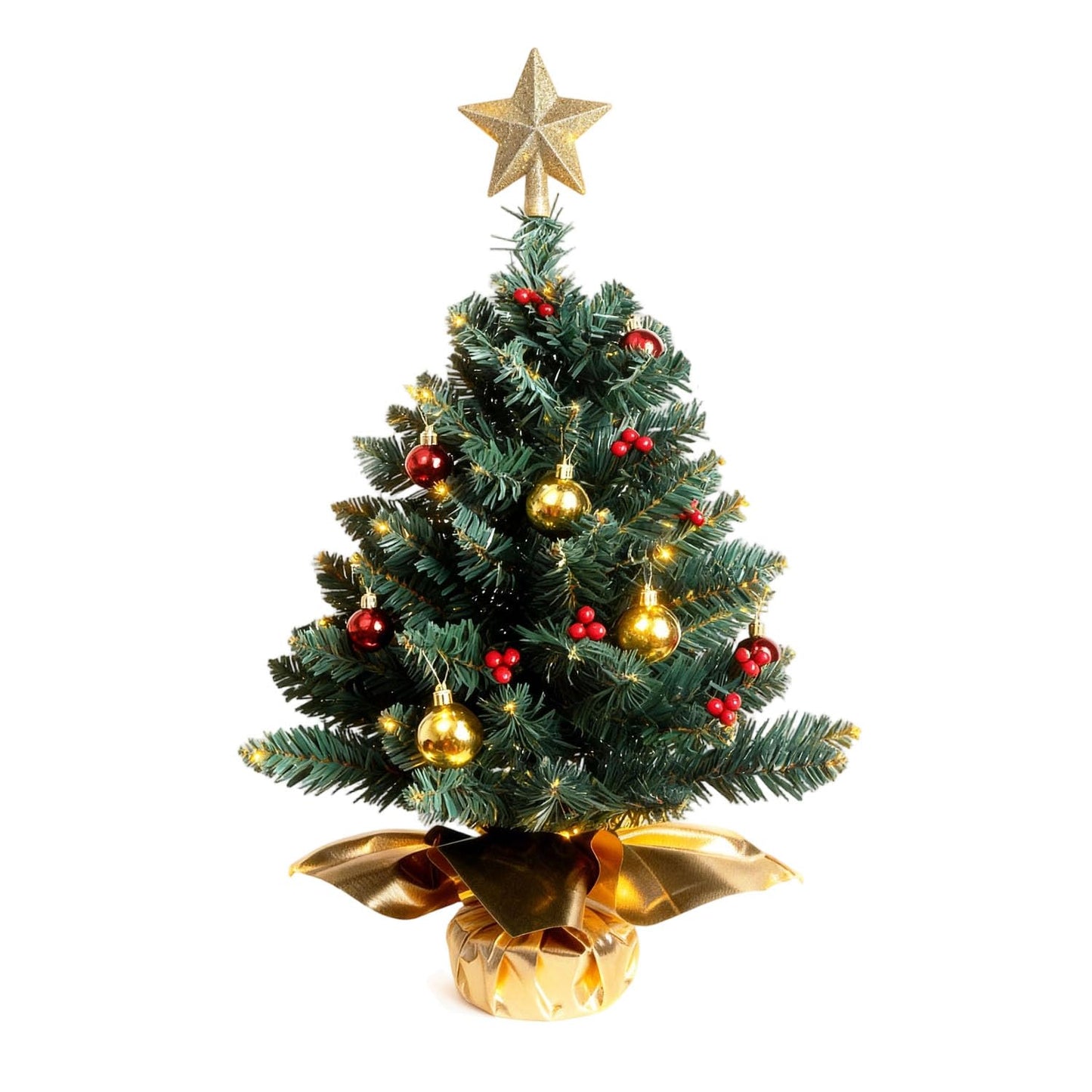 Liecho 24 Inch Tabletop Mini Christmas Tree, Miniature Pine Christmas Tree with Hanging Ornaments, Battery Operated Artificial Xmas Tree, Best DIY Christmas Decorations-Gold