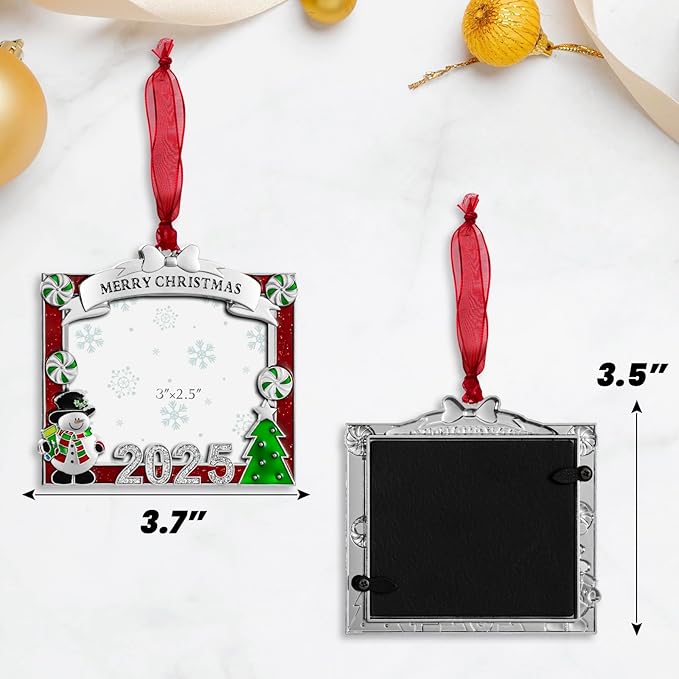 2025 Christmas Tree Ornament Picture Frame Ornament - Made of Zinc Alloy Glitter Powder Pendant 3x2.5 Inch Picture Frame for Pet and Baby Holiday Keepsake Gift (Snowman,Silvery)
