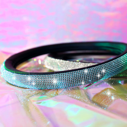 CAR PASS Mint Diamond Black Leather Steering Wheel Cover, Bling Blue Crystal Rhinestones Universal Fit 14"1/2-15" Crystal Glitter for Women Sparkle Girl Fit Suvs,Vans,Sedans,Cars,Trucks, Mint Diamond