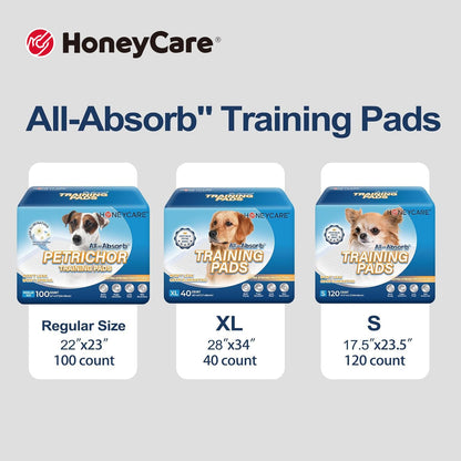 HONEY CARE All-Absorb Training Pads 100-count, Dog and Puppy Training Pads, Ultra Absorbent and Odor Eliminating, Leak-Proof 5-Layer Potty Training Pads with Quick-Dry Surface, Blue, A01