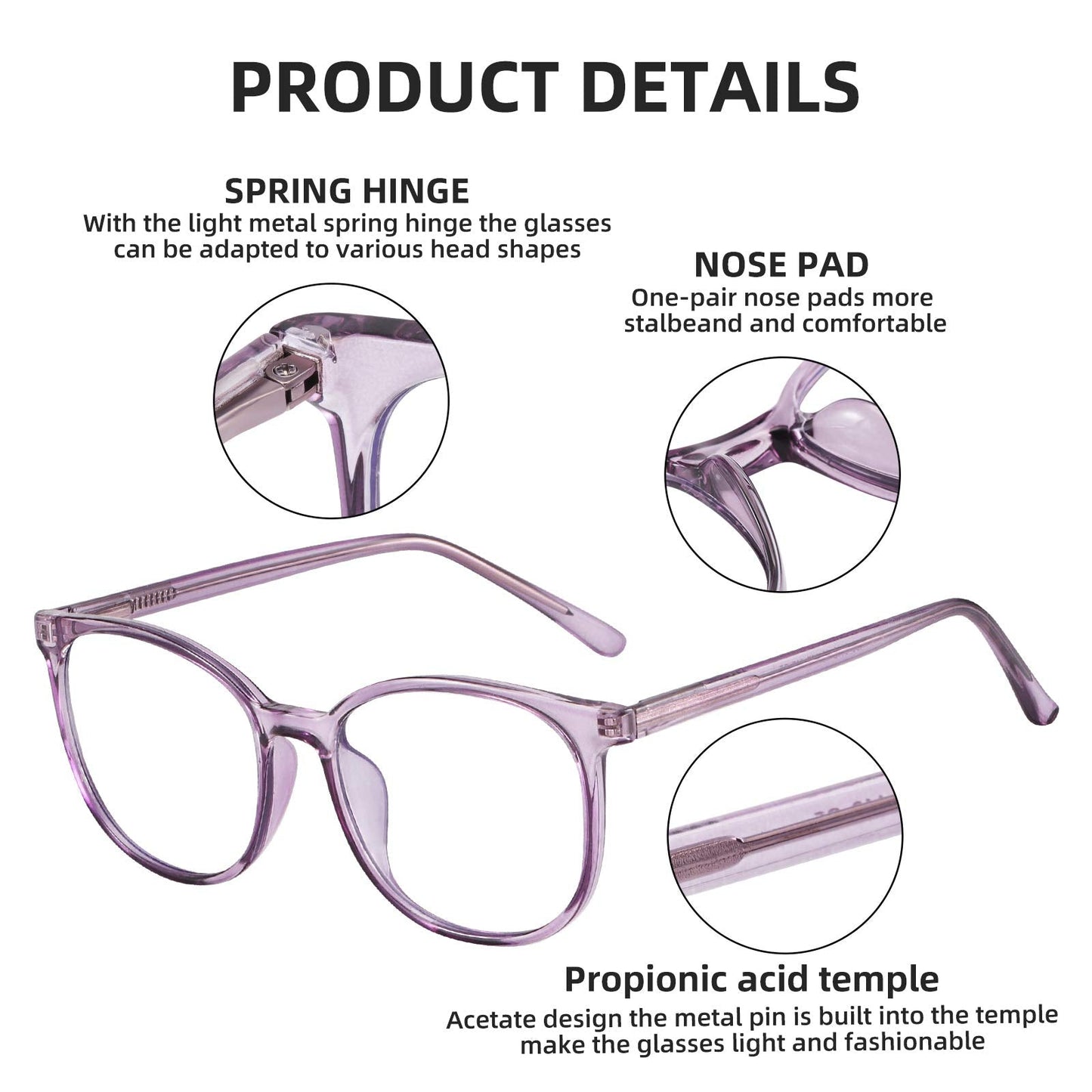 FONHCOO Blue Light Blocking Glasses Fashion Round TR90 Frame Transparent Eyewear Anti UV Blu-Ray Computer Glasses for Women Men (Purple)