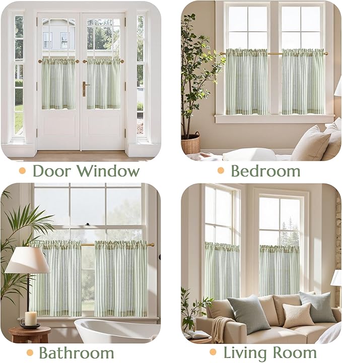 jinchan Striped Linen Kitchen Curtains 24 Inches Length Tier Curtains Farmhouse Modern Cafe Style Small Window Treatments Airy Light Filtering Rod Pocket for Living Room Bathroom 2 Panels Sage Green