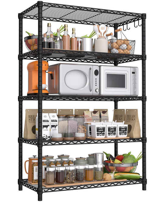 PrimeZone Wire Metal Storage Shelves - 5 Tier Adjustable NSF-Certified Heavy Duty Garage Shelving Unit Organizer Rack, Steel Utility Shelf for Kitchen, Pantry, Closet, 35.5" W x 14" D x 72" H, Black