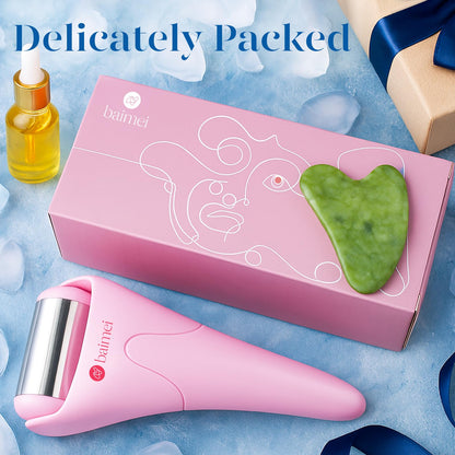 BAIMEI IcyMe Ice Roller for Face and Gua Sha Facial Tool Set, Ice Face Roller Reduces Puffiness Relieves Migraines Skin Care Tools, Self Care Gift for Women - Pink