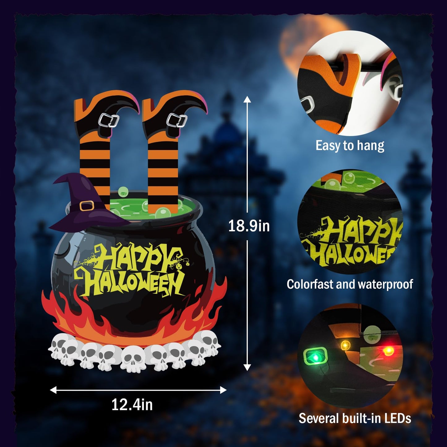 GOAUS Halloween LED Garden Flag Light Up Solar Powered, Witch Cauldron Decorations Outdoor, Double Sided Oxford Decorative Flag for Lawn Yard Outside Decor, 12x18 Inches