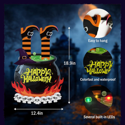 GOAUS Halloween LED Garden Flag Light Up Solar Powered, Witch Cauldron Decorations Outdoor, Double Sided Oxford Decorative Flag for Lawn Yard Outside Decor, 12x18 Inches