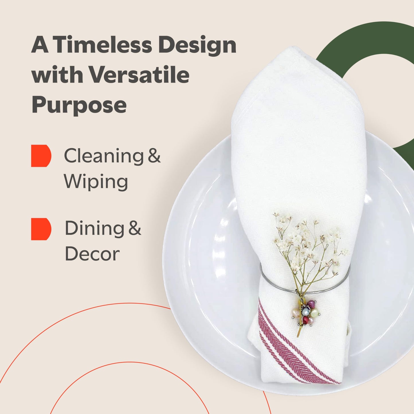 Zeppoli Tea Towel Set Kitchen Towels – 36 x 64 CM 100% Natural Cotton Dish Catering Towels - Soft and Absorbent Reusable Cleaning Cloths (White Red Striped)