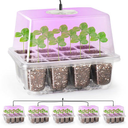Bonviee 5 Packs Seed Starter Tray with Grow Light, Elevated Seedling Starter Trays Kits with Adjustable Humidity Domes and Clear Cell Tray, 12 Full Spectrum led lamp Beads for Plants Indoor-Clear