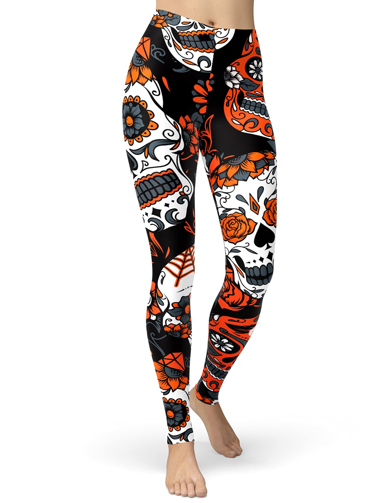 sissycos Women's Sugar Skull Leggings Buttery Soft Rose Printed Halloween Stretchy Pants (Large, Orange)