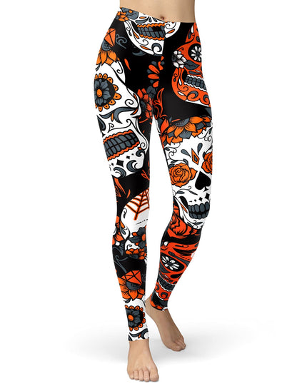 sissycos Women's Sugar Skull Leggings Buttery Soft Rose Printed Halloween Stretchy Pants (Large, Orange)
