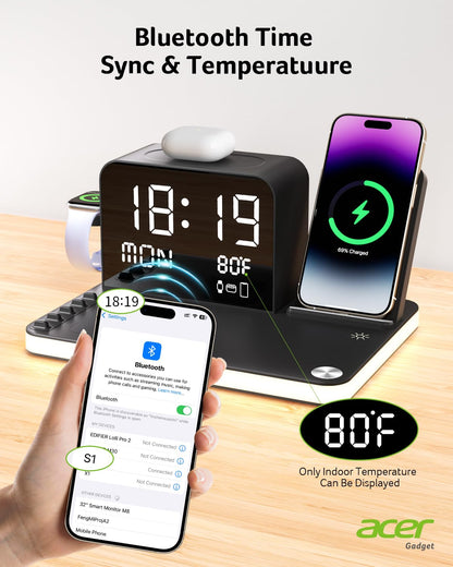 acer 7-in-1 Wireless Charging Station: Charger Stand for Multiple Devices for Apple - iPhone 16 15 14 13 12 Pro Max Apple Watch Airpods, Wireless Charger iPhone Charging Station with Bluetooth TimeSyn