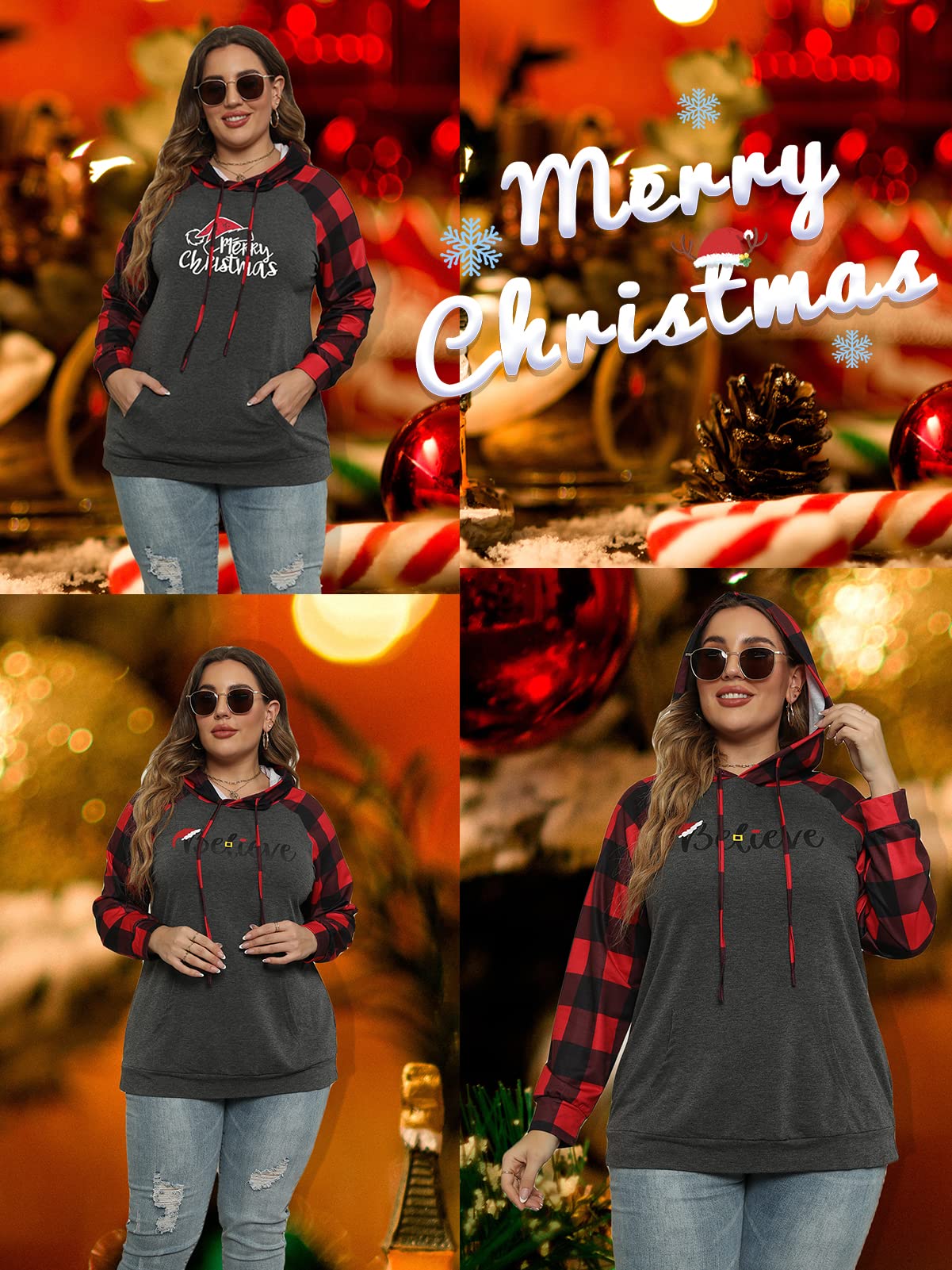 VISLILY Christmas Shirts for Women Plus Size 3X Pullover Hoodies Cute Holiday Tee SA 24W