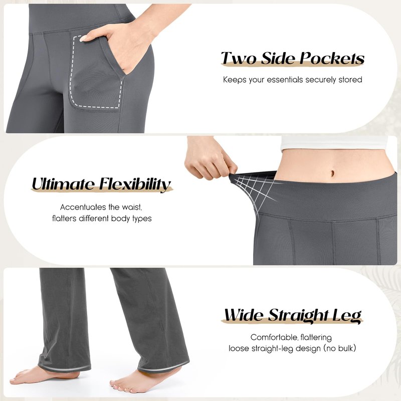 Walifrey Wide Leg Yoga Pants for Women, Loose Stretch Sweatpants with Pockets Casual Lounge, Grey, L