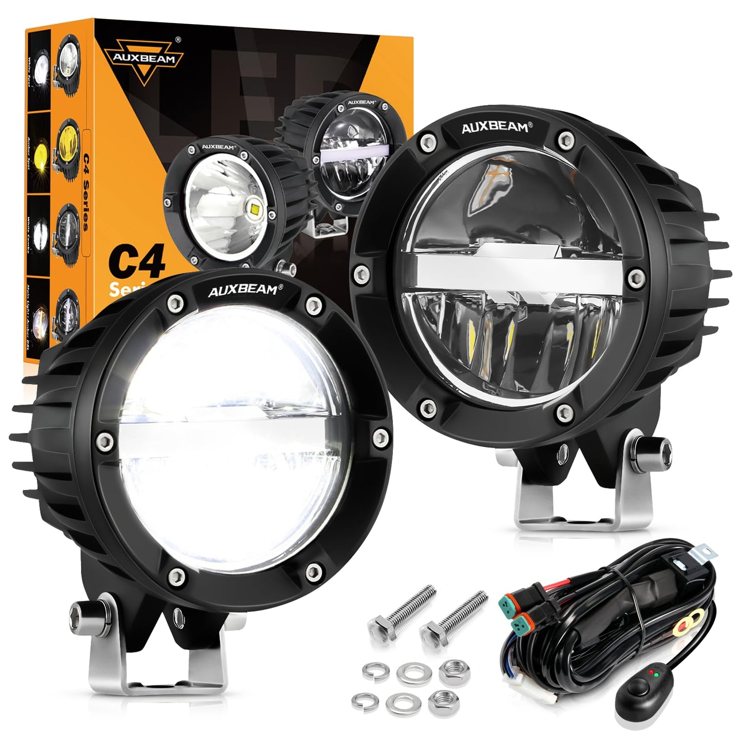 Auxbeam 4 Inch 100W Round Offroad Lights, LED Driving Light Pods with Hi/Lo/Combo Beam Design, 10000LM Super Bright Work Fog Light with Wiring Harness for Truck Pickup SUV ATV UTV 4x4