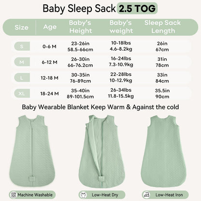 Unnivoll Baby Sleeping Bag 2.5 Tog 12-18 Months 100% Cotton Winter Sleeping Bag Baby 2-Way Zipper Quilted Sleep Sack for Newbron Infant Warm Soft Green
