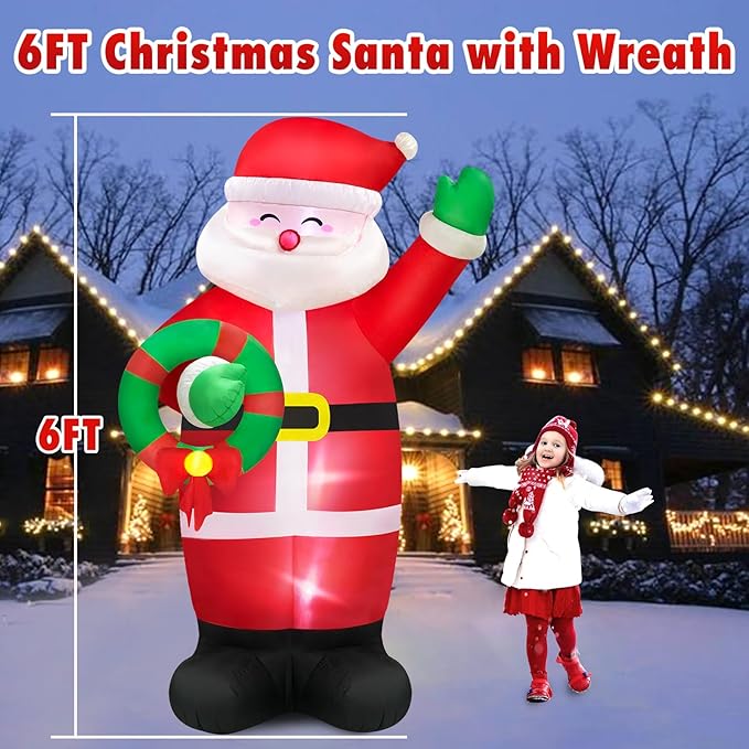 Danxilu Christmas Inflatables Outdoor Decorations 6 FT Santa with Wreath Built-in LED Lights, Inflatable Santa Claus Waving Hand Blow up Yard Decor for Outside Garden Lawn Xmas Holiday Party