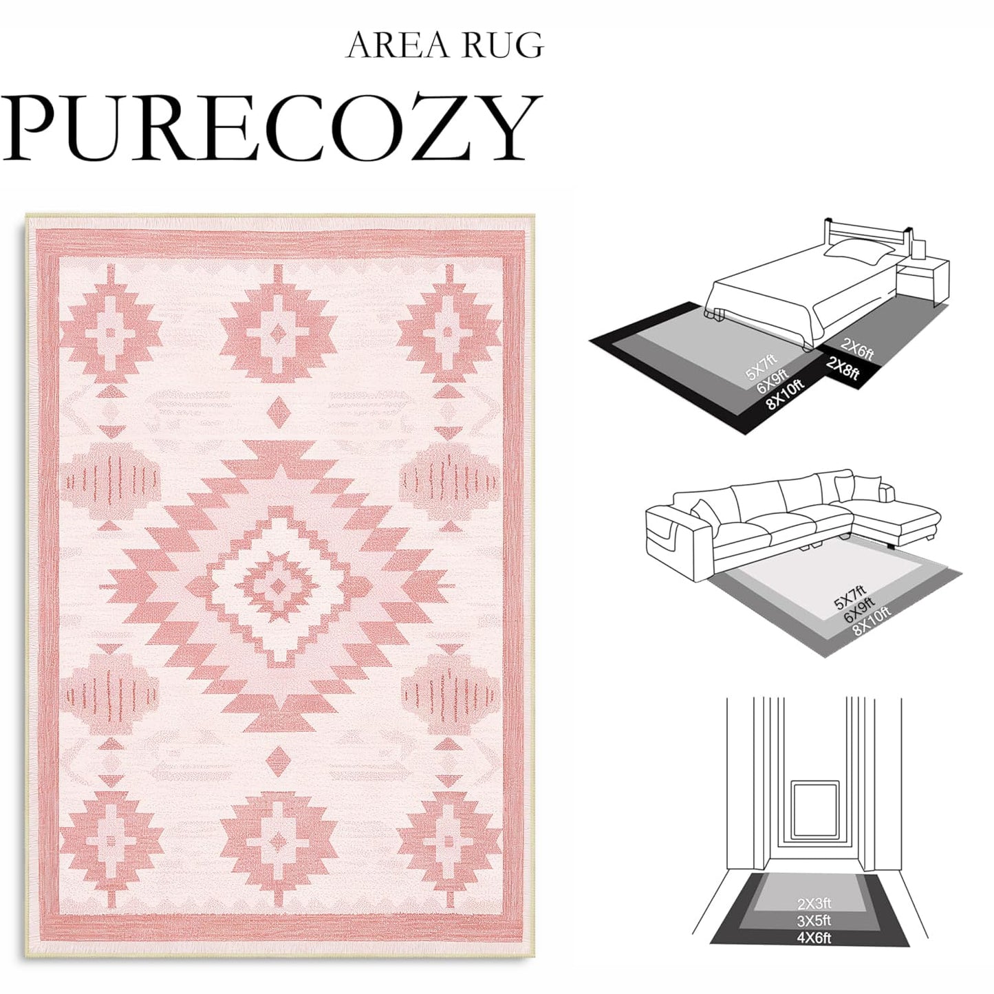 Area Rug 6x9 Living Room Western Rug Aztec Southwestern Rugs Machine Washable Tribal Navajo Southwest Rug Non Slip Printed Low-Pile Indoor Floor Carpet for Dining Room Bedroom Office, Pink