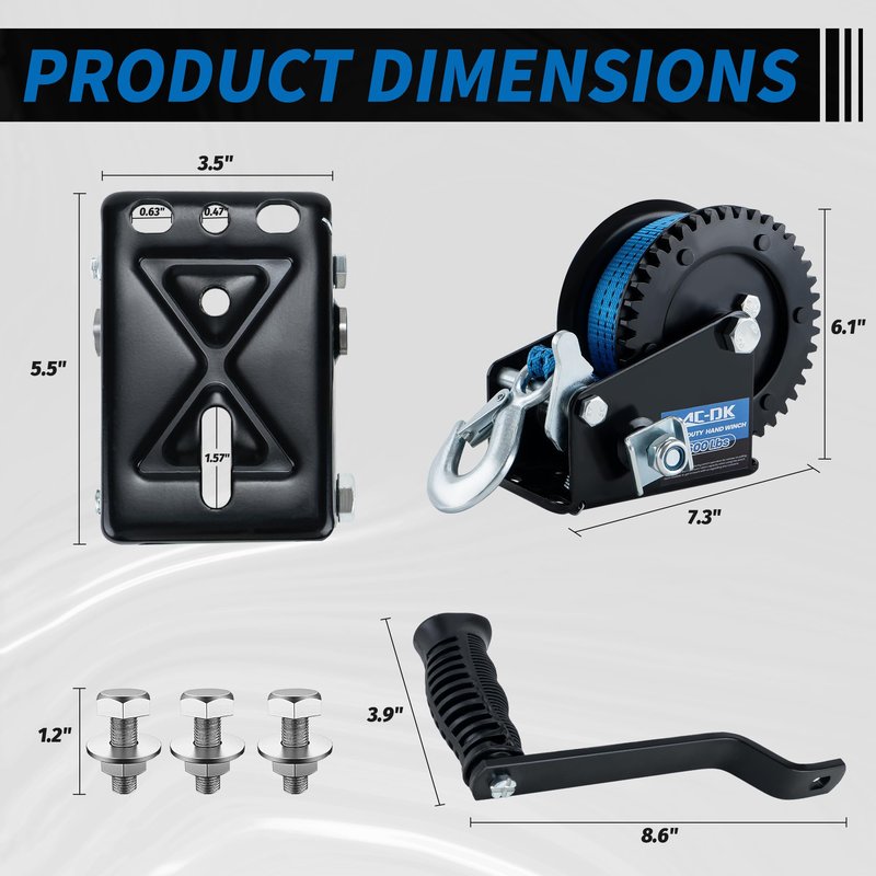 AC-DK 1600lbs Heavy Duty Boat Trailer Winch with 26FT Strap, 2-Way Ratchet & 4:1 Gear Trailer Winch, Portable Hand Crank Winch for Boat, Truck, Trailer, RV, ATV, Jet Ski