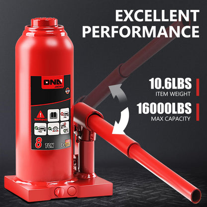 DNA MOTORING 8 tons / 17637 lbs Lifting Automotive Welded Hydraulic Bottle Jack for Repair Vehicle, Pickup, Truck, w/Manual Handle, Red,TOOLS-00358