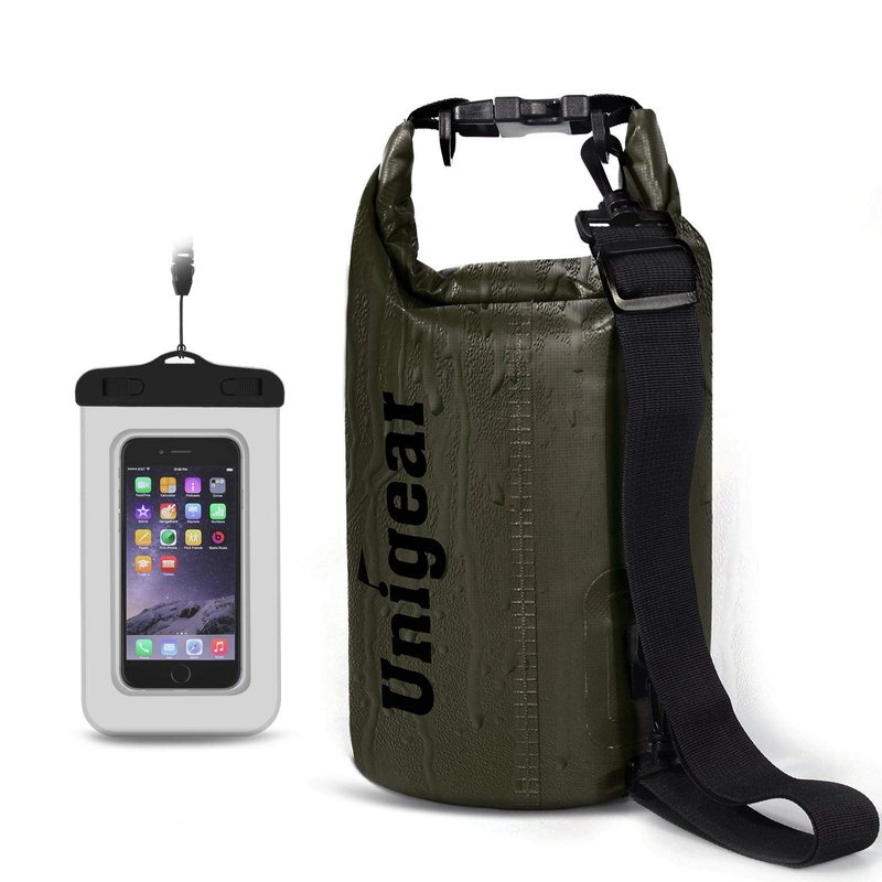 Unigear Dry Bag Waterproof, Floating and Lightweight Bags for Kayaking, Boating, Fishing, Swimming and Camping with Waterproof Phone Case (Army Green, 10L)