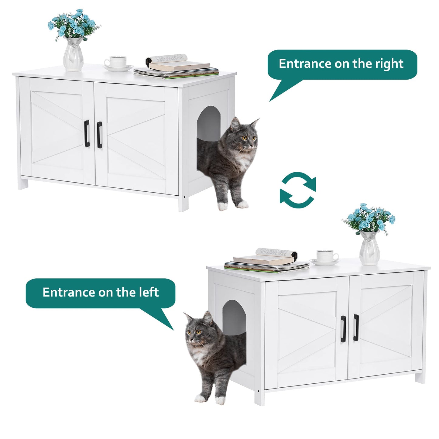 Homhedy Cat Litter Box Enclosure, Wooden Cat Washroom Furniture with Barn Door, Pet House, Fit Most of Litter Box, White